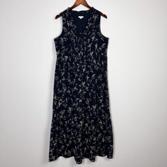 J. Jill Navy Hummingbird Print Sleeveless Cotton Ruffle Neck Maxi Dress Sz M T - Picture 1 of 10
